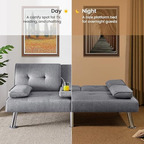 Yaheetech Light Gray Reversible Couch Bed with Removable Arms & Cup Holders