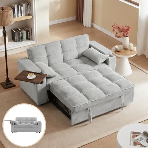 65" 3-in-1 Folding Sofa Bed, Chenille Fabric, 360° Swivel Table, Grey