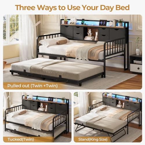 ADORNEVE Height Adjustable Metal Twin Day Bed with Storage and Charging Station, Living Room and Bedroom Daybed for Kids and Adults, Black  
ADORNEVE Twin Day Bed with Trundle and Storage Headboard, Perfect for Kids and Adults in Bedroom and Guest Ro
