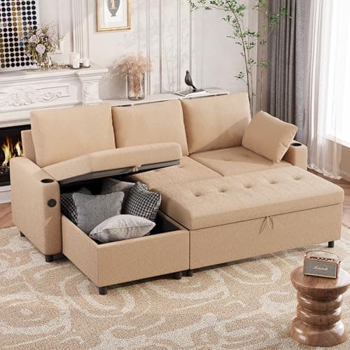 Brown L-Shaped Reversible Storage Sleeper Sofa with Pullout Bed