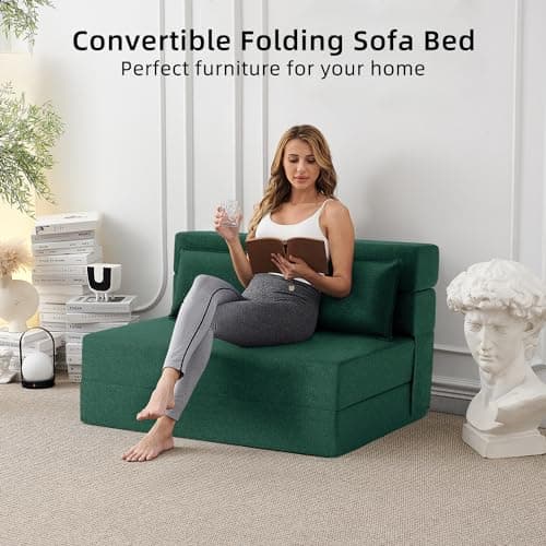 Convertible Folding Sofa Bed-Sleeper Chair for Living Room or Dorm, Full Size, Dark Green