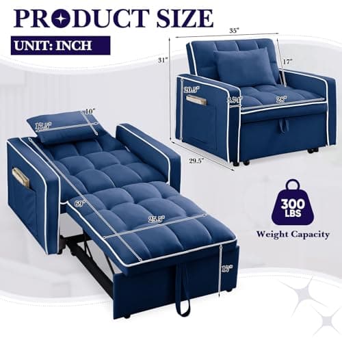 3-in-1 Convertible Velvet Sleeper Chair for Small Spaces, Apartment, and Office - Blue