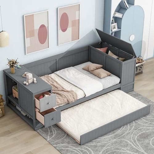 Harper & Bright Designs Gray Twin Daybed with Storage & Charging Station