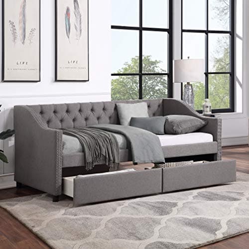 Twin Size Daybed with Storage & Linen Fabric, Wood Slat Support, Gray