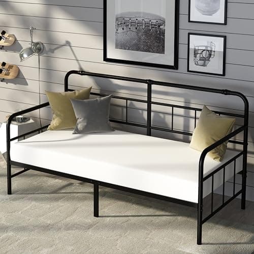 Black Metal Twin Size Daybed with Headboard, Heavy Duty Steel Slats, No Box Spring Needed, Easy Assembly