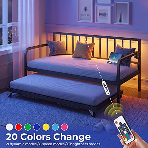 Rolanstar Height Adjustable Black Metal Daybed with Charging & LED Lights