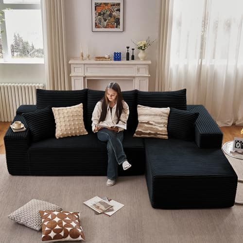 107" Black Right-Facing Chaise Modern Corduroy L-Shaped Sofa
