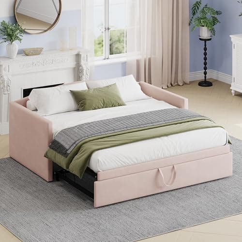 Blue Velvet Upholstered Daybed with Trundle and Backrest