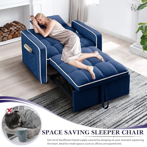 3-in-1 Convertible Velvet Sleeper Chair for Small Spaces, Apartment, and Office - Blue