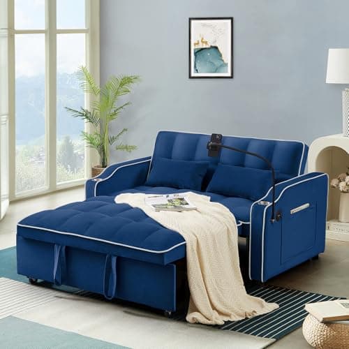 Modern 3-in-1 Sleeper Sofa with USB & Type C Ports, Adjustable Backrest, and Phone/Cup Holder for Living Room or Apartment, Blue Velvet