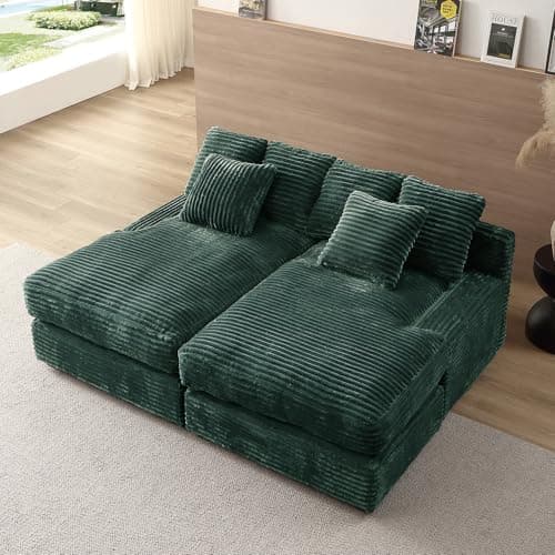 Antetek Green Corduroy Double Chaise Lounge Chair with Thick Cushion