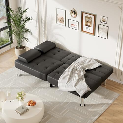 Furmax Adjustable Futon Couch Bed, PU Leather Black for Living Room