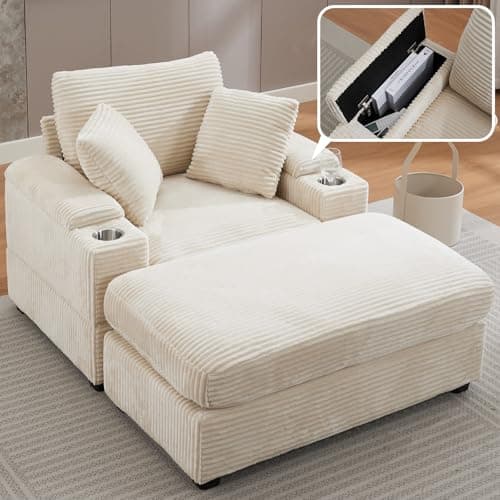 Oversized Grey Corduroy Chaise Lounge with Storage & 2 Pillows, 2 Ottomans, Cup Holder & USB Port