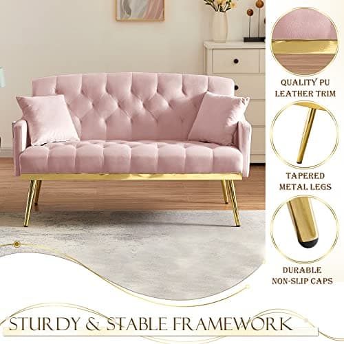 Antetek Velvet Loveseat with Side Pocket and Golden Legs, Pink