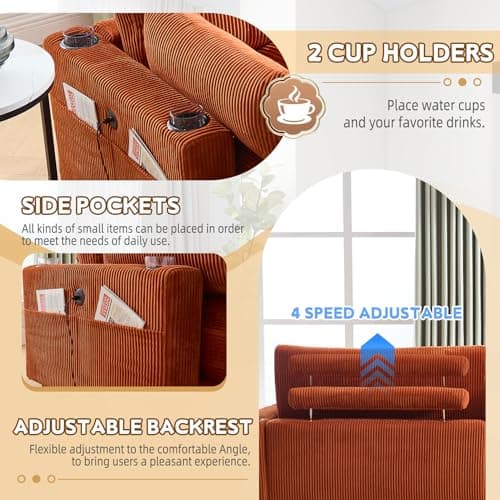 91" Orange Oversized Chaise Lounger with USB & Cup Holder for Living Room/Bedroom