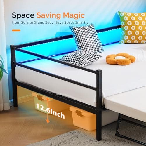 VINGLI Twin Daybed with Pop-up Trundle, Charging Station & LED Lights, Black