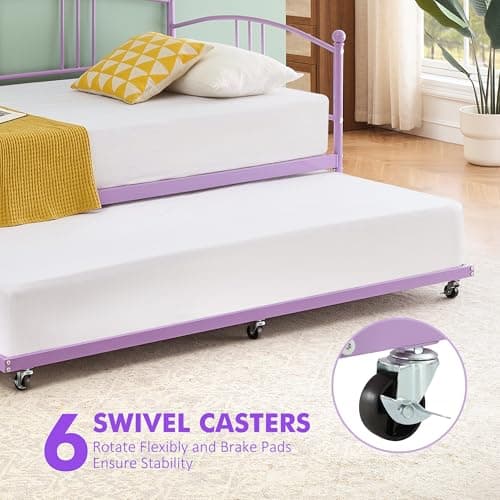 Twin Metal Daybed with Trundle, Easy Assembly, Purple Guest Sofa Bed
| Pullout Trundle Bed Frame with Arched Headboard, No Box Spring Required, Purple
| Purple Guest Sofa Bed with Steel Slat Support, Easy Assembly