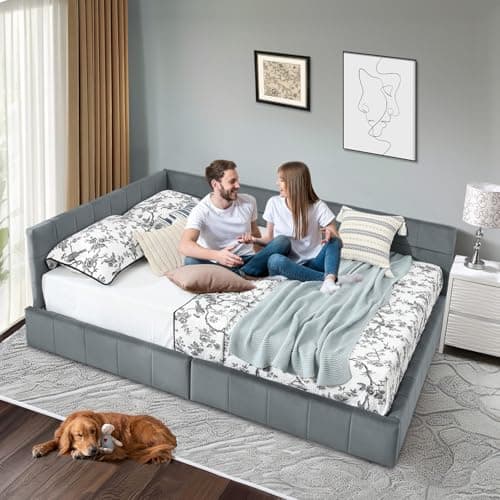 Antetek Modern Full Size Corner Tufted Velvet Day Bed with Storage Drawers, Grey