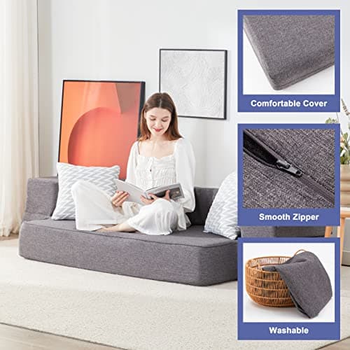 Fold Out Couch Bed with 2 Pillows & Washable Cover, Queen Size