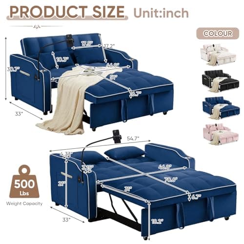 Modern 3-in-1 Sleeper Sofa with USB & Type C Ports, Adjustable Backrest, and Phone/Cup Holder for Living Room or Apartment, Blue Velvet