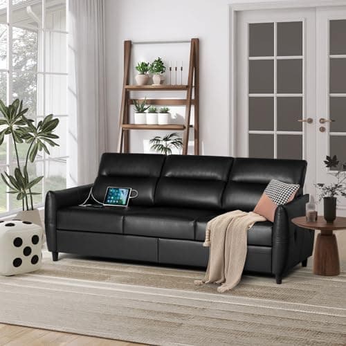 Mid Century Modern 85" Black Leather Sofa with USB Charging Ports
