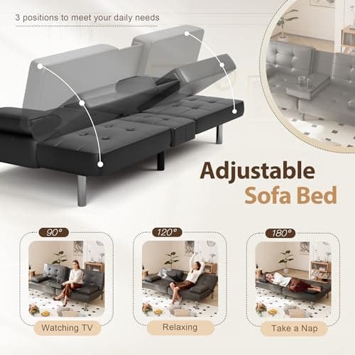 Shahoo Black Faux Leather Convertible Futon Sofa Bed for Living Room