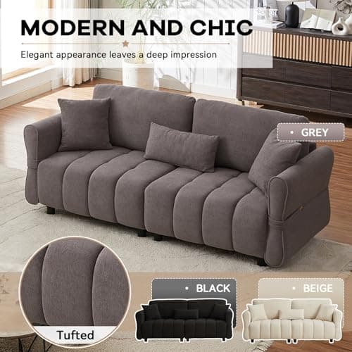 80-inch Grey Cloud Couch, Soft Chenille 3-Seater Sofa with Throw Pillows