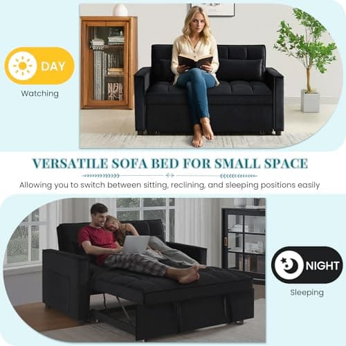 Antetek Modern Velvet Sleep Sofa Bed, Reclining Backrest, Pullout Bed, Living Room Furniture, Black
