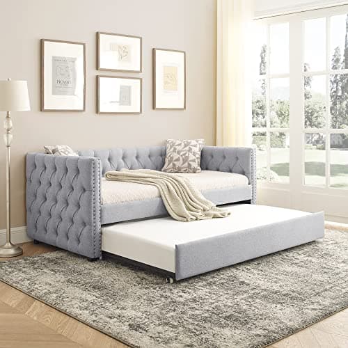 Light Grey Linen Tufted Daybed with Trundle, Modern Frame