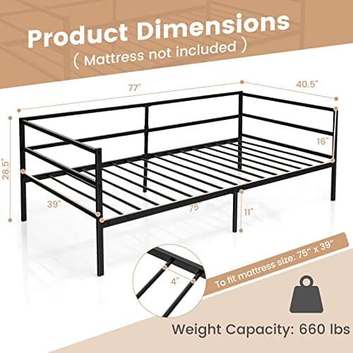 Giantex Black Metal Twin Daybed with Slats & Guardrails