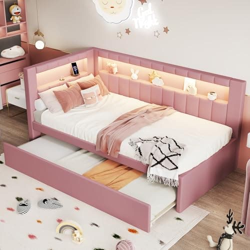 Twin Size White Daybed with Trundle and L-Shaped Bookshelf Headboard for Kids Boys Girls