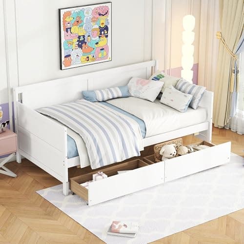 Twin Size Daybed Frame with Storage, White Wood Bed