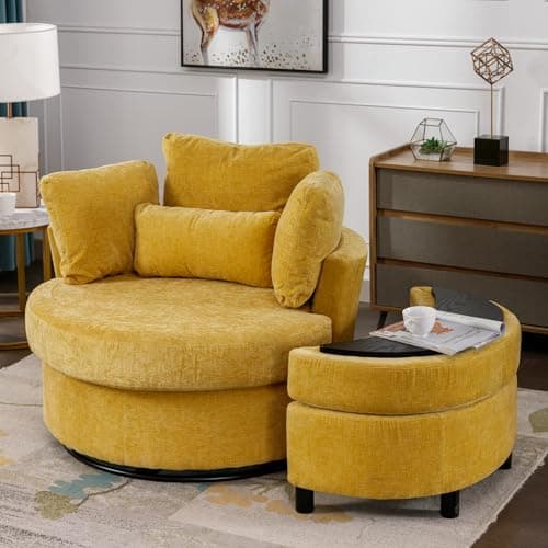 Antetek Green & Yellow Oversized Swivel Chair with Storage Ottoman