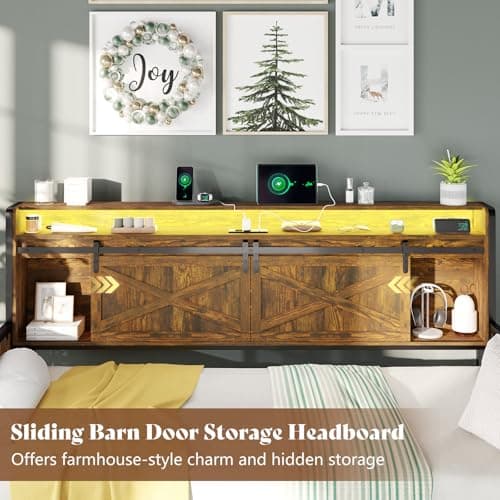 AMERLIFE Rustic Brown Twin Daybed with Trundle, Sliding Barn Door Headboard & Charging Station