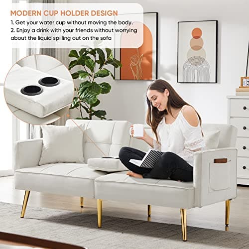 Antetek Convertible Futon Sofa Bed, 69-inch White Tufted Velvet Sleeper Couch