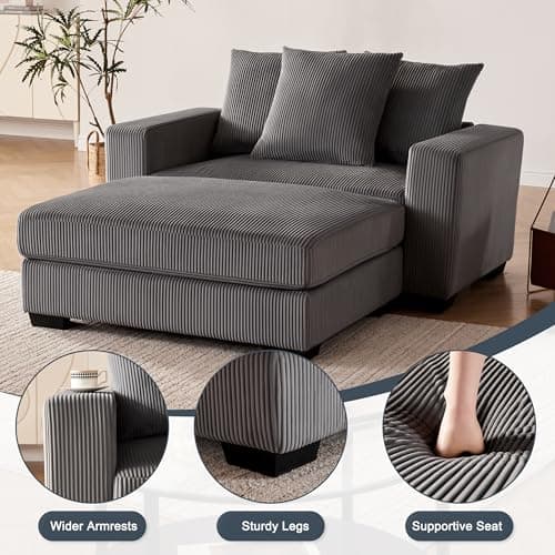58.3" Comfortable Oversized Chaise Lounge, Solid Wood Recliner with Cushioned Seats & Wide Armrests, Grey