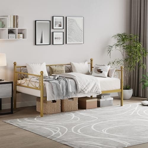 GarveeHome Black Metal Daybed with Floral Headboard, Twin Size for Guest Room, Heavy Duty Steel Slats Supports