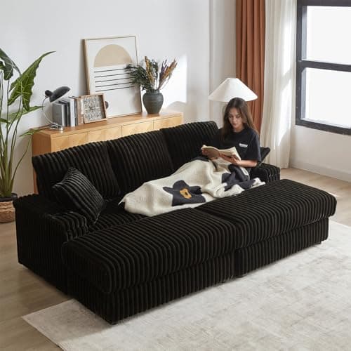 Modern Black Cloud Lounge Sofa with Storage & Cup Holders, 86-inch Deep Seat