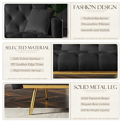 73-inch Reclining Velvet Futon Sofa Bed with 3 Angles, Black Living Room Loveseat