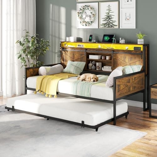 AMERLIFE Rustic Brown Twin Daybed with Trundle, Sliding Barn Door Headboard & Charging Station