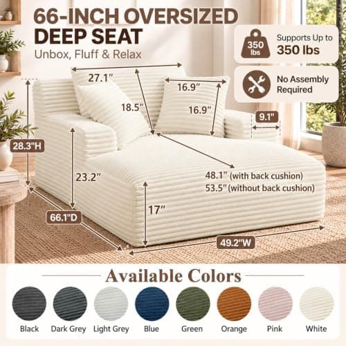 49" Chaise Lounge Indoor, Oversized Chaise Lounge Chair with 3 Comfy Pillows for Living Room Bedroom, Wide Arms Corduroy Fabric High-Density Foam No Assembly Required (White)