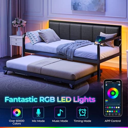 Rolanstar Height Adjustable Grey Daybed with USB Charging Station and LED for Living Room and Bedroom