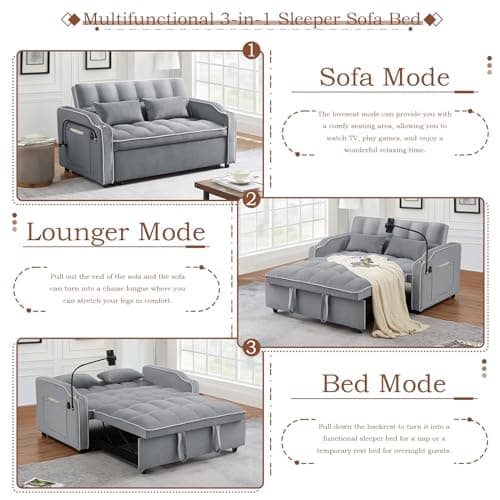 Light Grey Convertible Velvet Pull Out Sofa Bed with Phone Holder