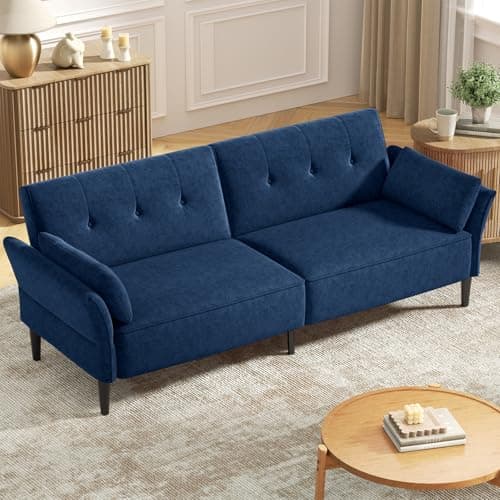 Modern 89 Velvet Futon Sofa Bed with Pillows - Beige Color