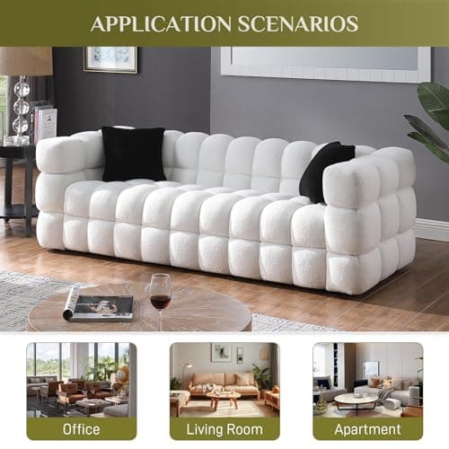 Sherpa Upholstered 3-Seater Cloud Couch with Pillows for Living Room - White