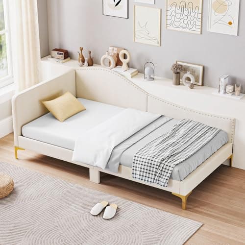 Giantex Beige Rivet-Tufted Twin Daybed with Storage Legs