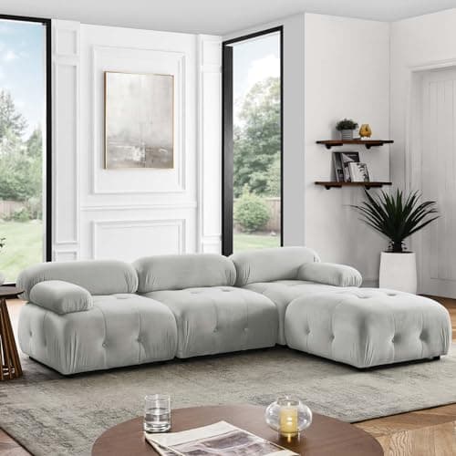 Antetek Modern Velvet L-Shaped 3-Seater Sofa with Movable Ottoman, 93-inch L Couch Furniture Set, Pink