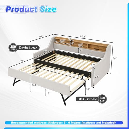 Twin Daybed with Pop Up Trundle and Wireless Charger