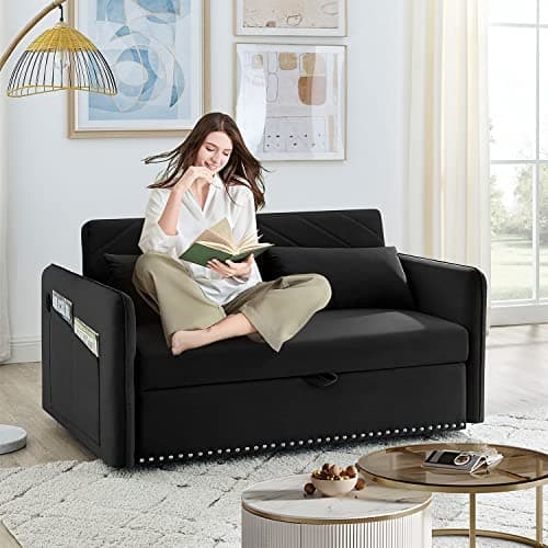 Modern Velvet Sleeper Sofa Bed with USB Port, Small 3-in-1 Convertible Loveseat Couch for Small Spaces, Black