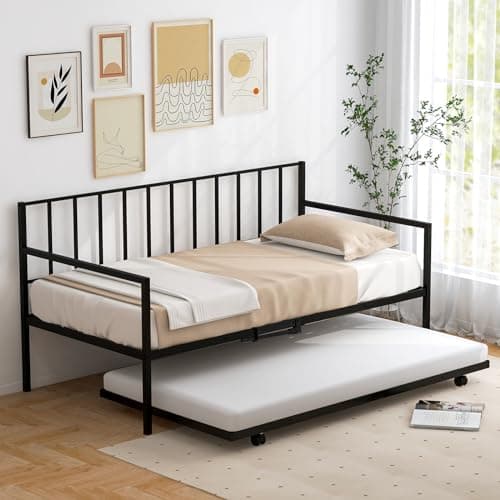 Giantex Black Metal Twin Day Bed with Pullout Trundle & Lockable Casters